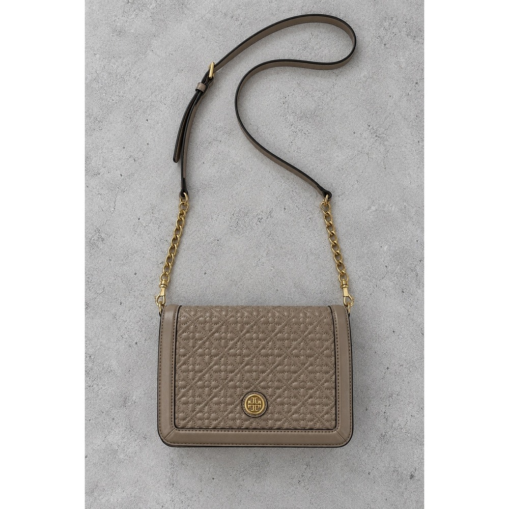 Tory Burch Bryant Quilted Leather Crossbody Bag Mercury Grey Gold Chain 34801